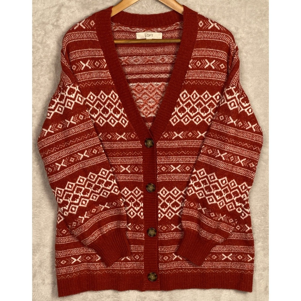 LOFT Wool Cardigan Nordic Fair Isle Sweater Womens Large Ann Taylor Red V-Neck L